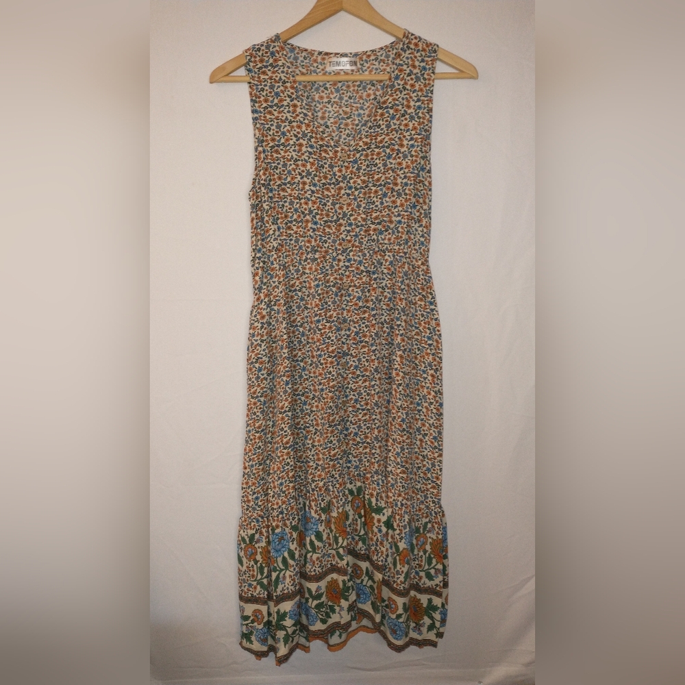 Temofon Boho Hippy Prairie Sleeveless Floral Maxi Dress in Multicolor S